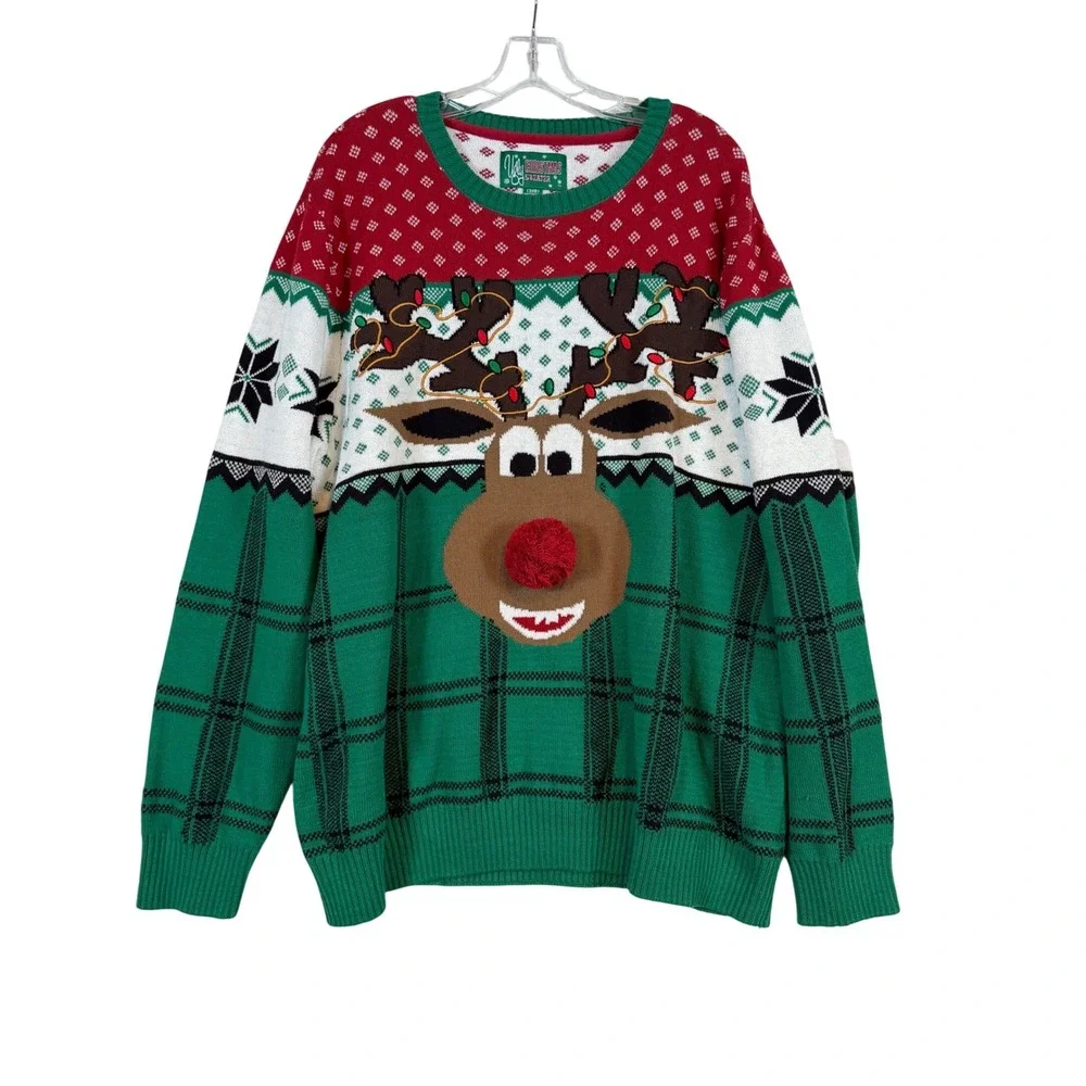 Ugly Christmas Sweater Co Reindeer Peppermint‎ Plaid Knit Pullover Green 3XB